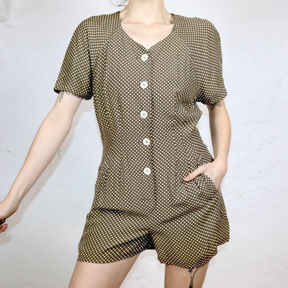 Vintage 80s 90s JEAN PAUL jumpsuit one-piece short sleeve dotted beige white button row viscose 38