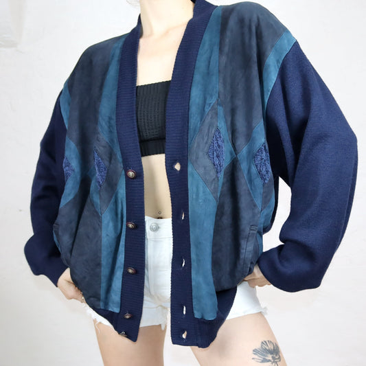 Vintage 80er 90er PAOLO BARBIERI Cardigan Wildleder Strick dunkelblau 56 XL