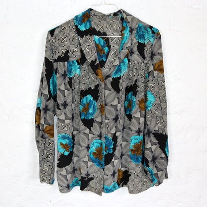Vintage 80s 90s silk blouse, long-sleeved, crazy pattern, flowers, S/M