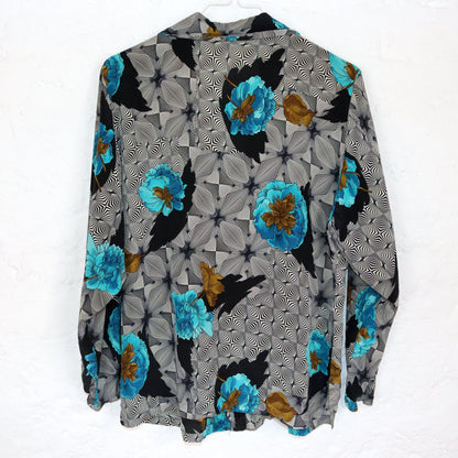 Vintage 80s 90s silk blouse, long-sleeved, crazy pattern, flowers, S/M