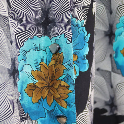 Vintage 80s 90s silk blouse, long-sleeved, crazy pattern, flowers, S/M