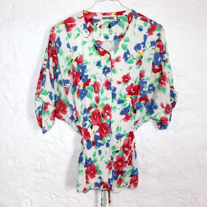 Vintage 80s 90s SPENGLER fashion blouse short sleeve floral pattern to tie 42