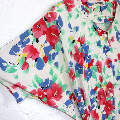 Vintage 80s 90s SPENGLER fashion blouse short sleeve floral pattern to tie 42