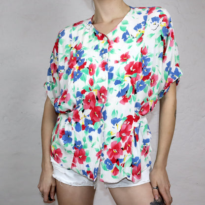 Vintage 80s 90s SPENGLER fashion blouse short sleeve floral pattern to tie 42