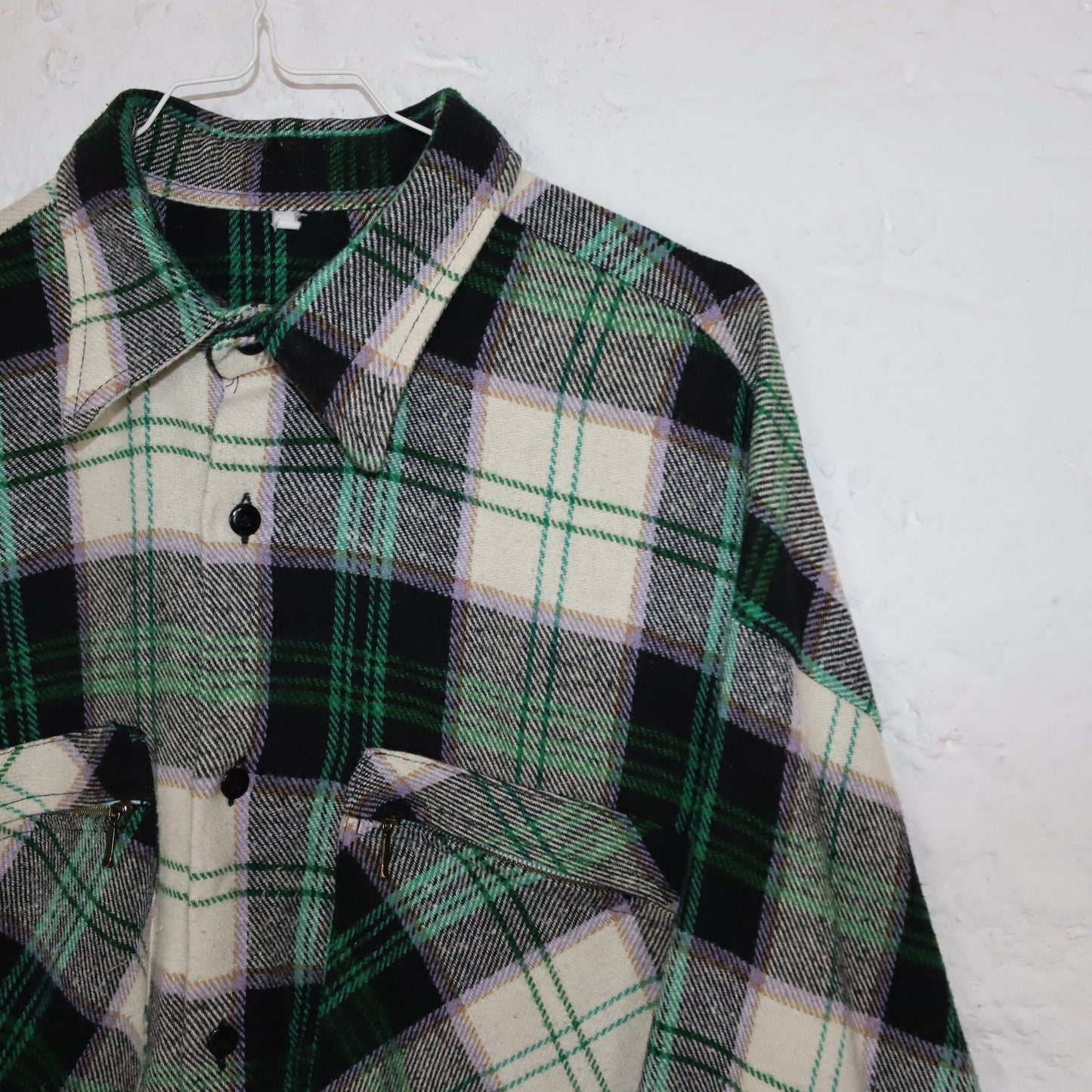Vintage 80s 90s flannel shirt checked long sleeve shirt zipper green purple L