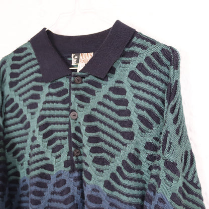 Vintage 80er 90er MANS FASHION Pullover Coogi Style Polokragen Schurwolle grün blau 52/54 XL