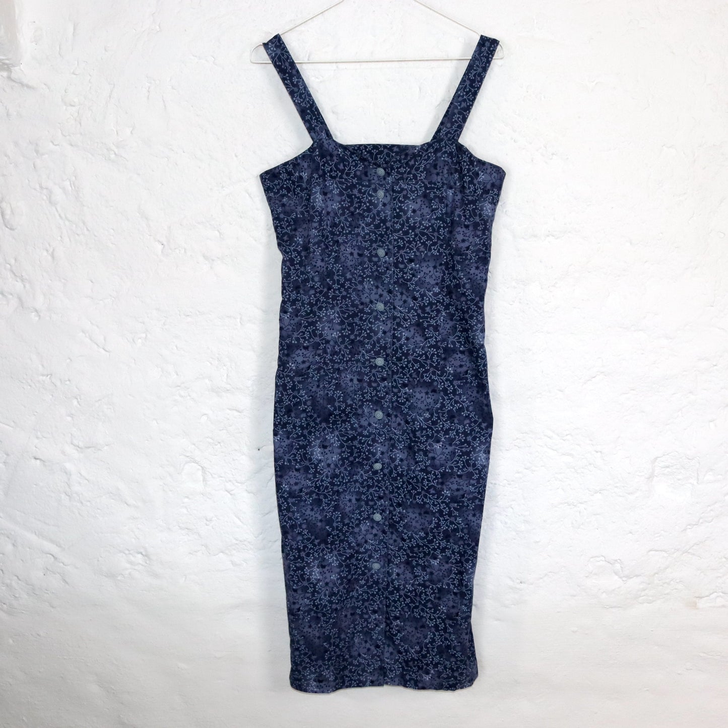 Vintage 80s 90s midi dress sleeveless button placket floral pattern dark blue S