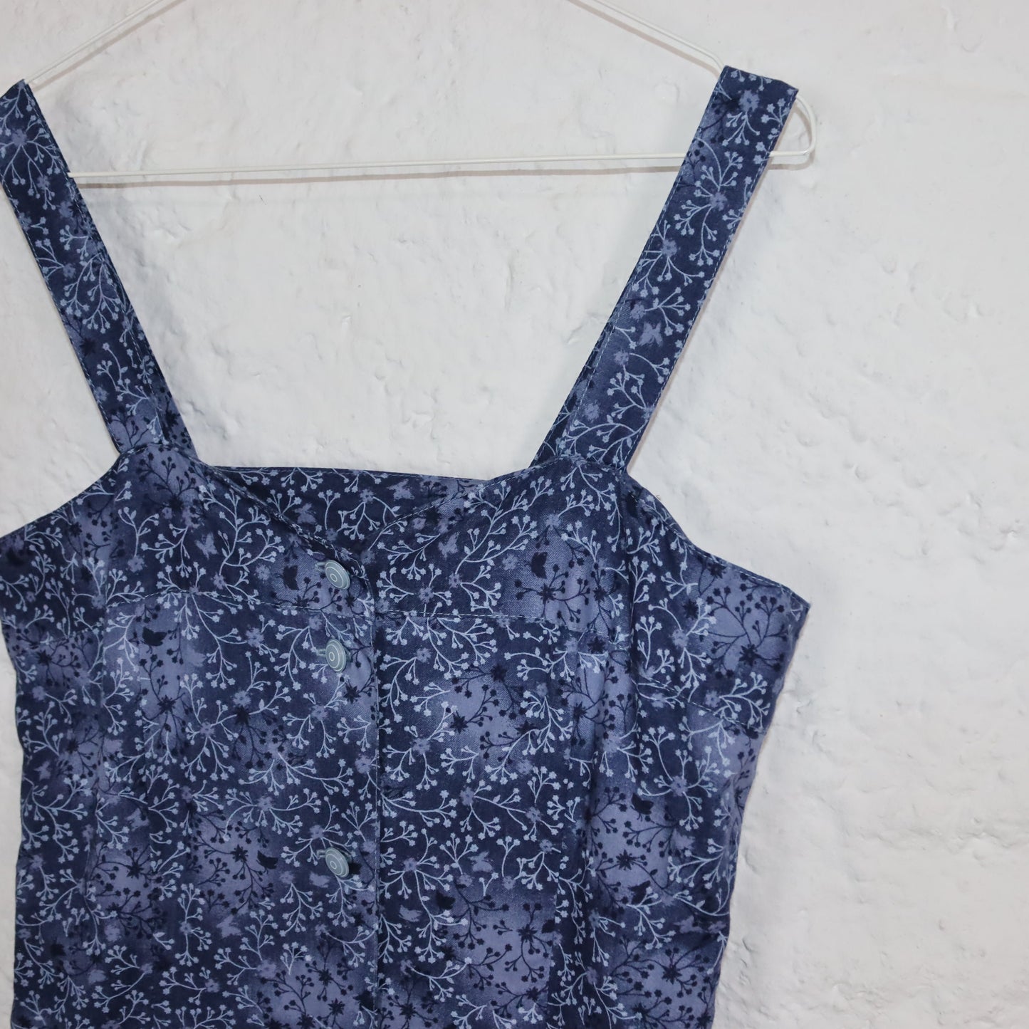 Vintage 80s 90s midi dress sleeveless button placket floral pattern dark blue S