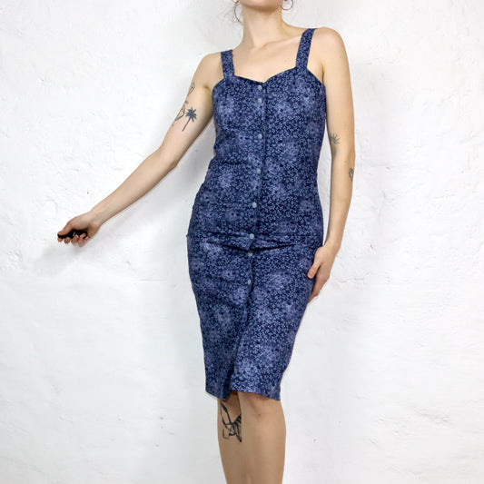 Vintage 80s 90s midi dress sleeveless button placket floral pattern dark blue S