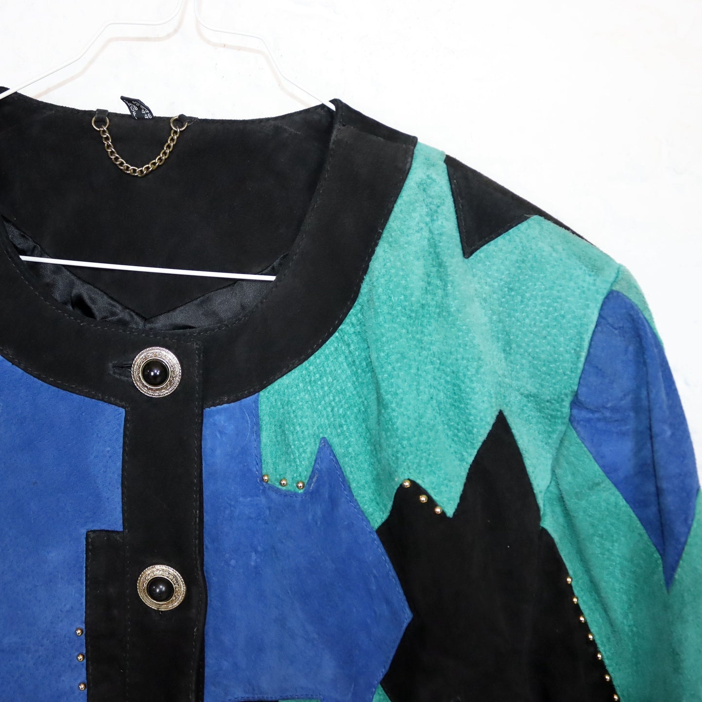 Vintage 80s 90s YESSICA suede jacket leather pattern black blue turquoise details shoulder pads 42