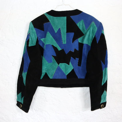Vintage 80s 90s YESSICA suede jacket leather pattern black blue turquoise details shoulder pads 42