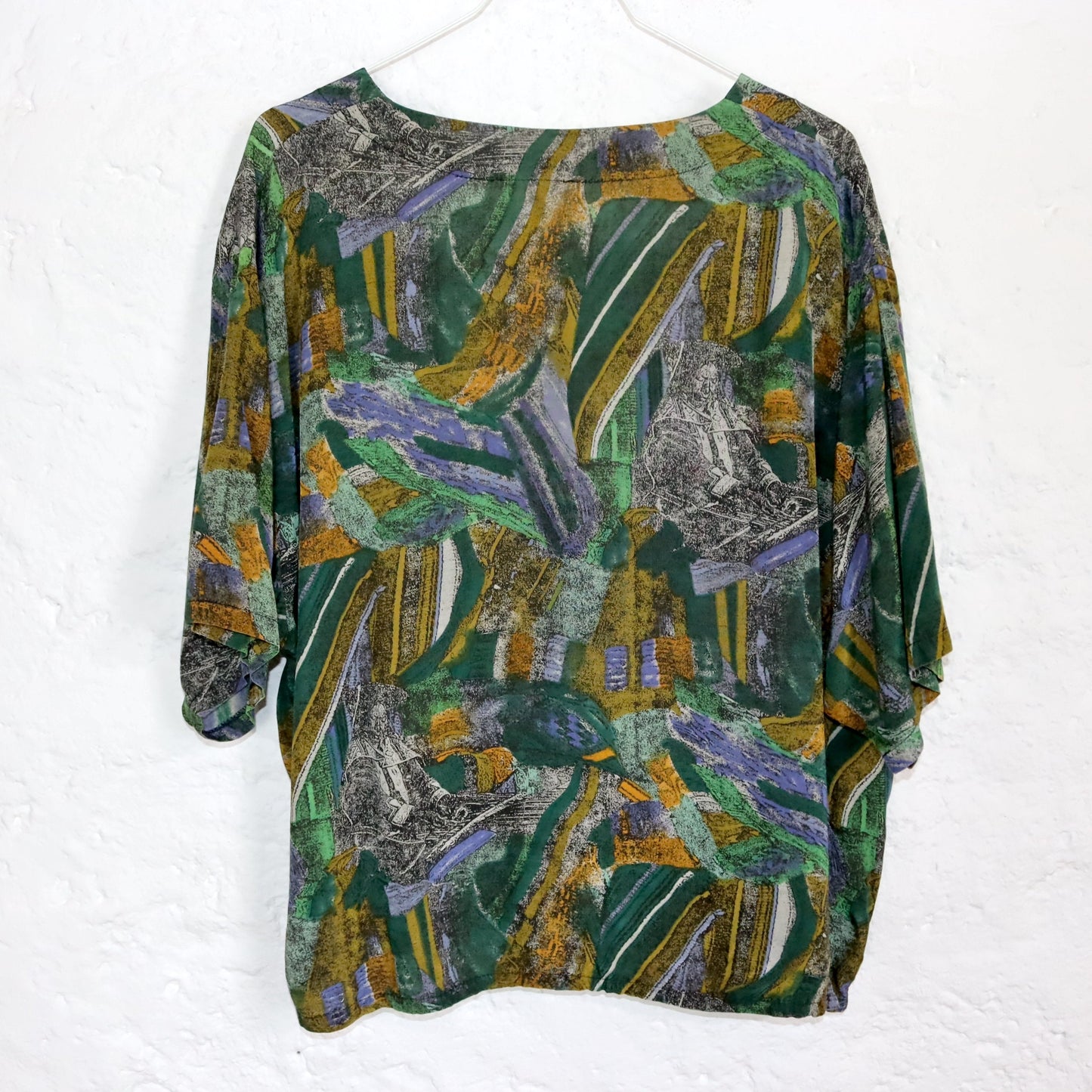 Vintage 80s 90s blouse short sleeve crazy pattern green yellow L