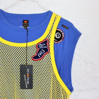 Vintage 90s 00s Y2k ENERGIE Top Shirt sleeveless mesh top blue yellow patches Deadstock XL