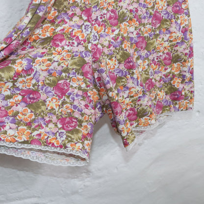 Vintage 80s 90s FORENZA one-piece jumpsuit short sleeve floral pattern crocheted collar lace S/M