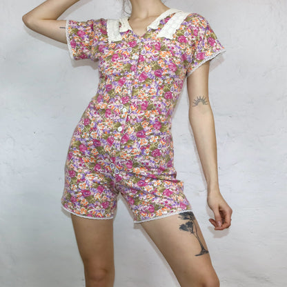 Vintage 80s 90s FORENZA one-piece jumpsuit short sleeve floral pattern crocheted collar lace S/M