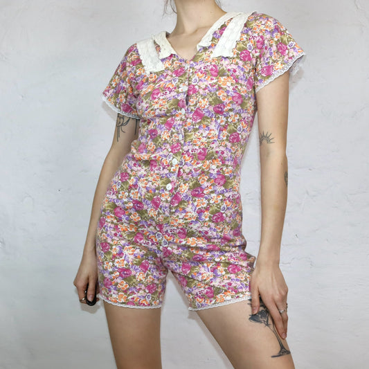 Vintage 80s 90s FORENZA one-piece jumpsuit short sleeve floral pattern crocheted collar lace S/M