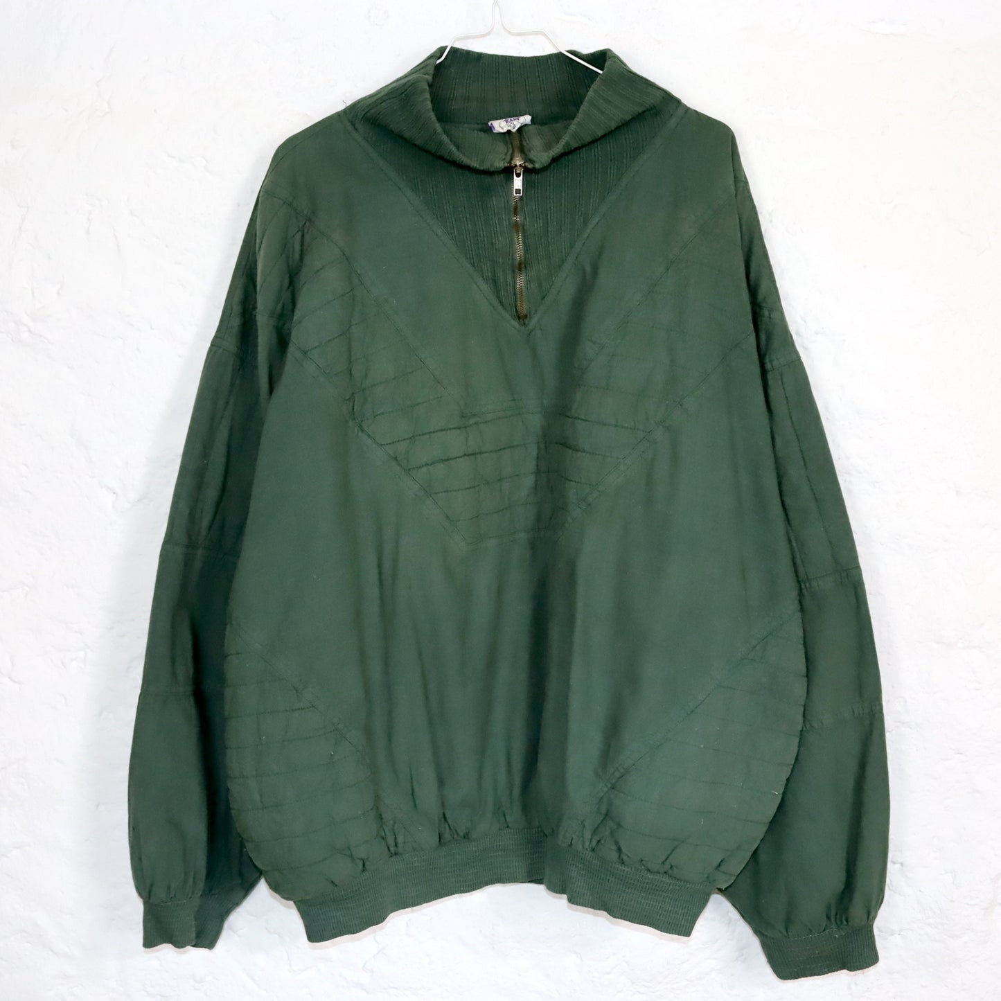 Vintage 80er 90er NEW FAST Sweatshirt Pullover Stehkragen dunkelgrün Print Rückseite XL