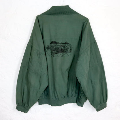 Vintage 80er 90er NEW FAST Sweatshirt Pullover Stehkragen dunkelgrün Print Rückseite XL