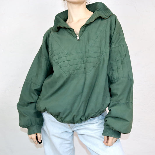 Vintage 80er 90er NEW FAST Sweatshirt Pullover Stehkragen dunkelgrün Print Rückseite XL