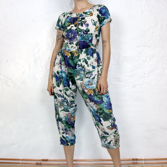 Vintage 80s 90s EQUATION one-piece overall short sleeve crazy pattern floral pattern S