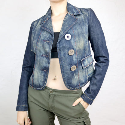 Vintage 90s 00s Y2k WAXY denim blazer jacket denim blue deadstock S