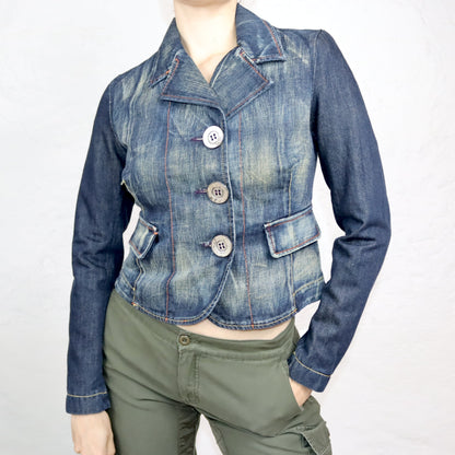 Vintage 90s 00s Y2k WAXY denim blazer jacket denim blue deadstock S