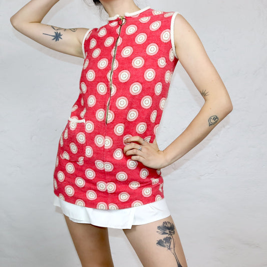 Vintage 60er 70er DDR Frotteekleid Minikleid Reißverschluss crazy pattern pink weiß XS