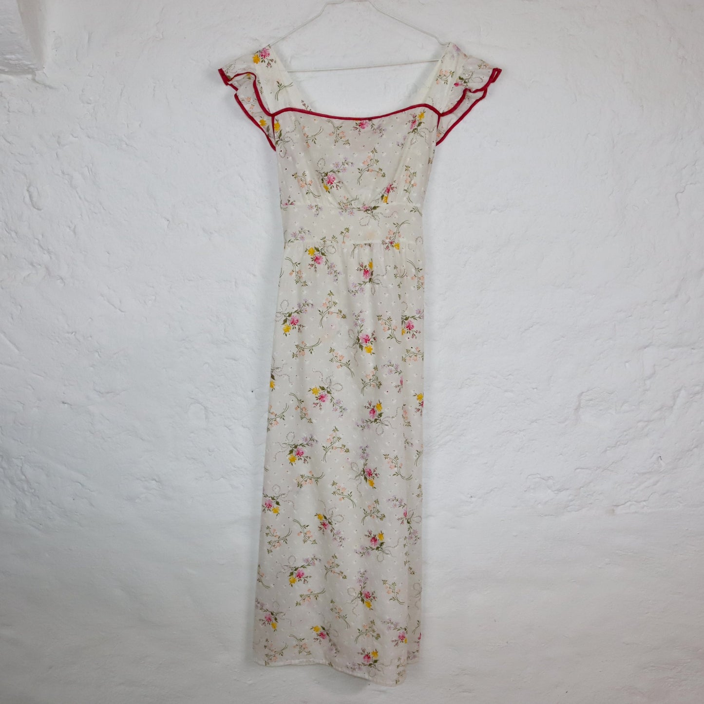 Vintage 70er 80er DDR Maxikleid Sommerkleid leicht transparent Blumenmuster Boho weiß S