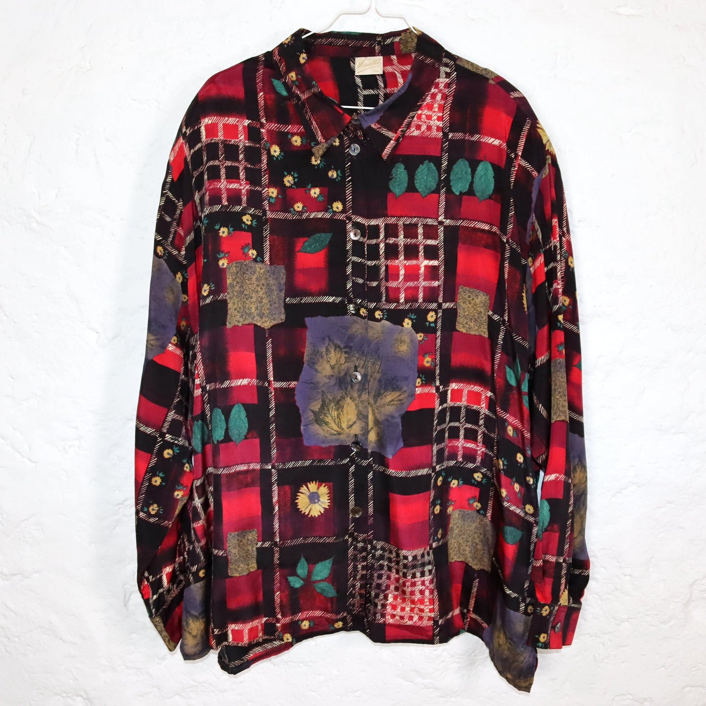 Vintage 80s 90s MARIETTE blouse long sleeve crazy pattern shoulder pads L