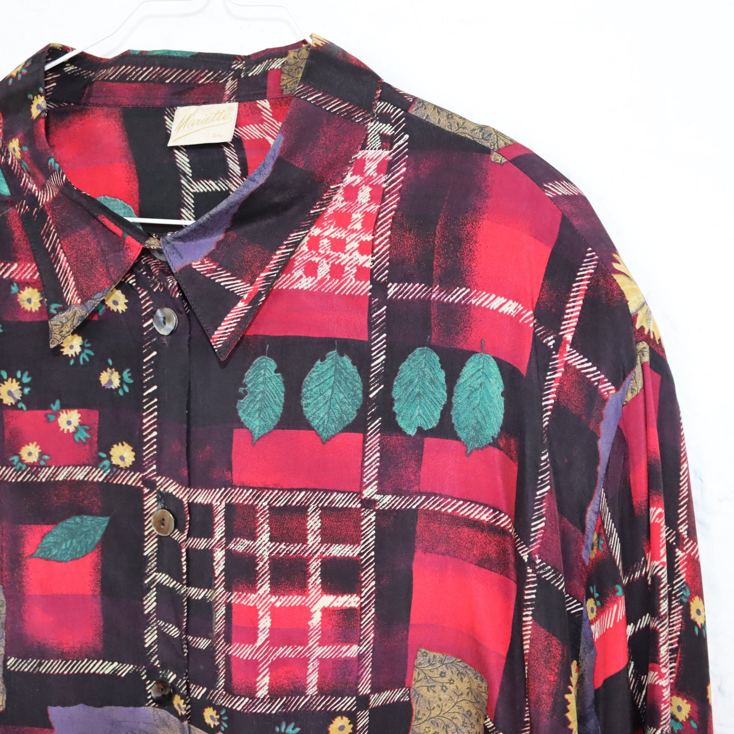Vintage 80s 90s MARIETTE blouse long sleeve crazy pattern shoulder pads L