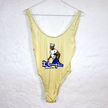Vintage 80er 90er CHAMPION Body Einteiler gestreift weiß gelb Print M