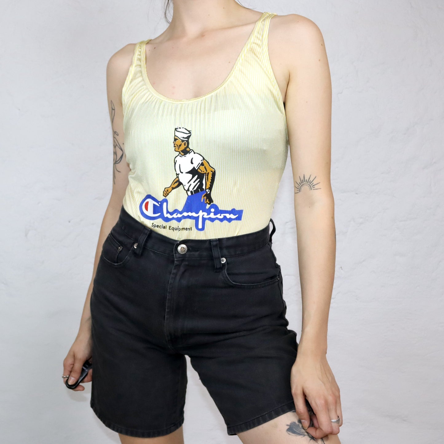 Vintage 80er 90er CHAMPION Body Einteiler gestreift weiß gelb Print M