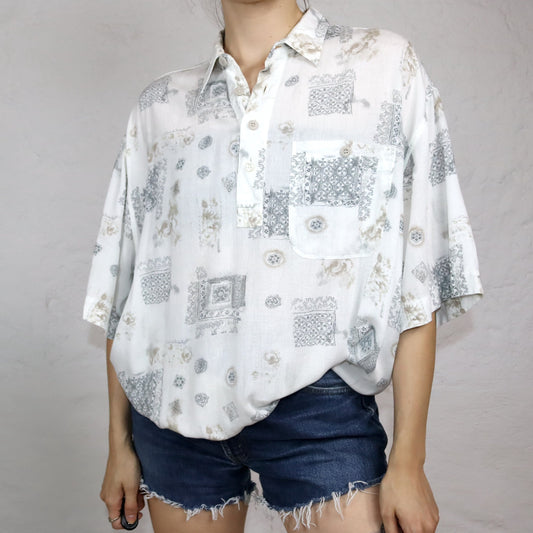 Vintage 80er 90er Hemd crazy pattern weiß beige kurzarm XL