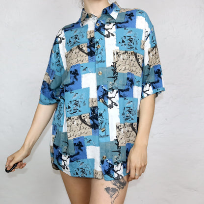 Vintage 80er 90er DUBBIN Hemd kurzarm crazy pattern blau XL/XXL
