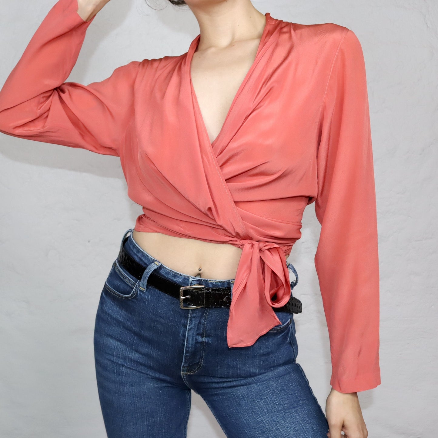 Vintage 80er 90er Seidenbluse Wickelbluse Aprikose langarm M