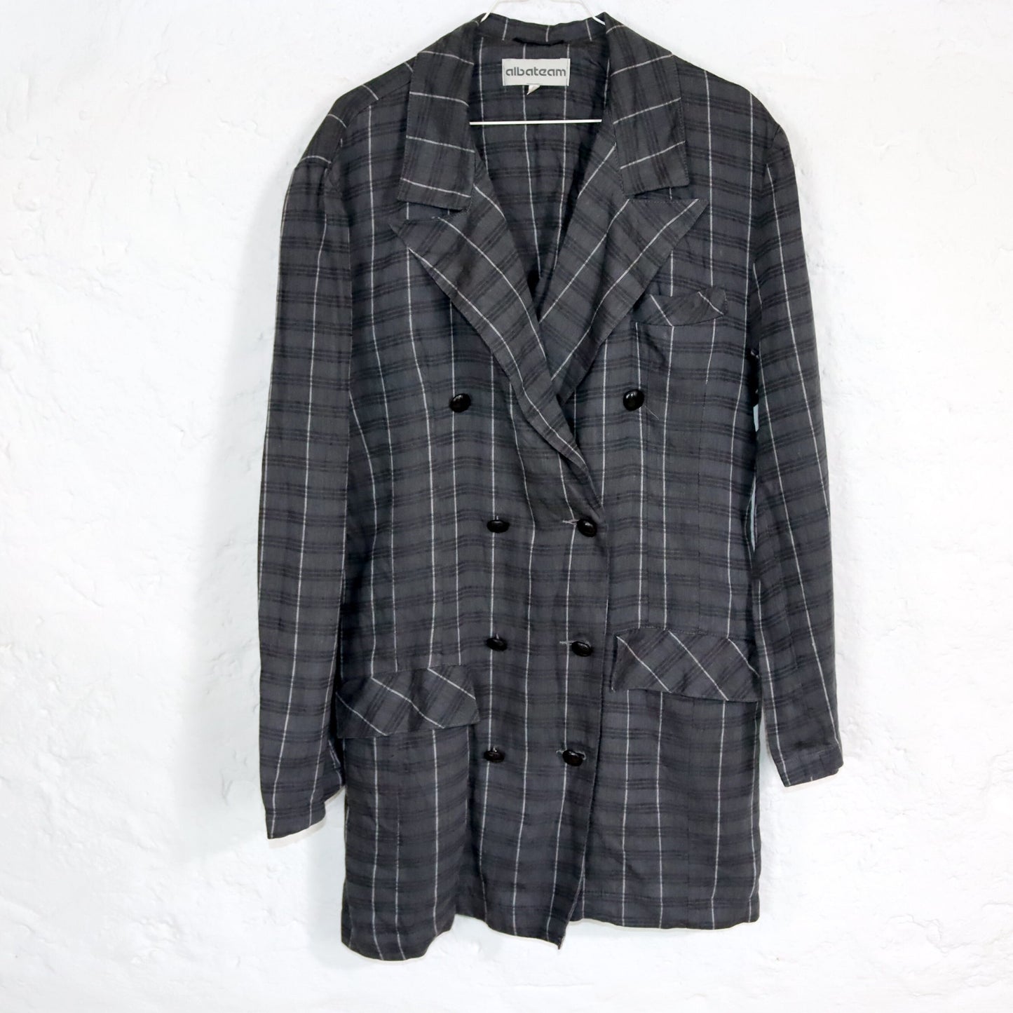 Vintage 80s 90s ALBATEAM blazer dress blazer checked grey double button row linen M/L
