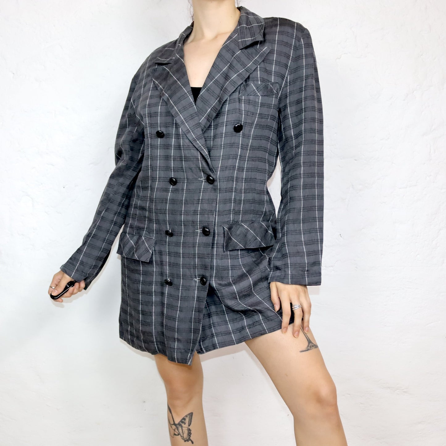 Vintage 80s 90s ALBATEAM blazer dress blazer checked grey double button row linen M/L