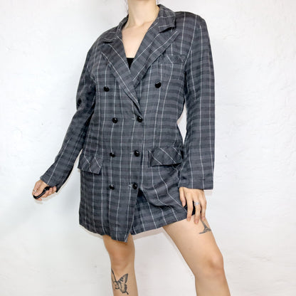 Vintage 80s 90s ALBATEAM blazer dress blazer checked grey double button row linen M/L