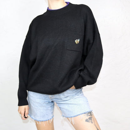 Vintage 80er 90er SUCCO DI Lana Pullover Wolle schwarz lila Stickerei XL