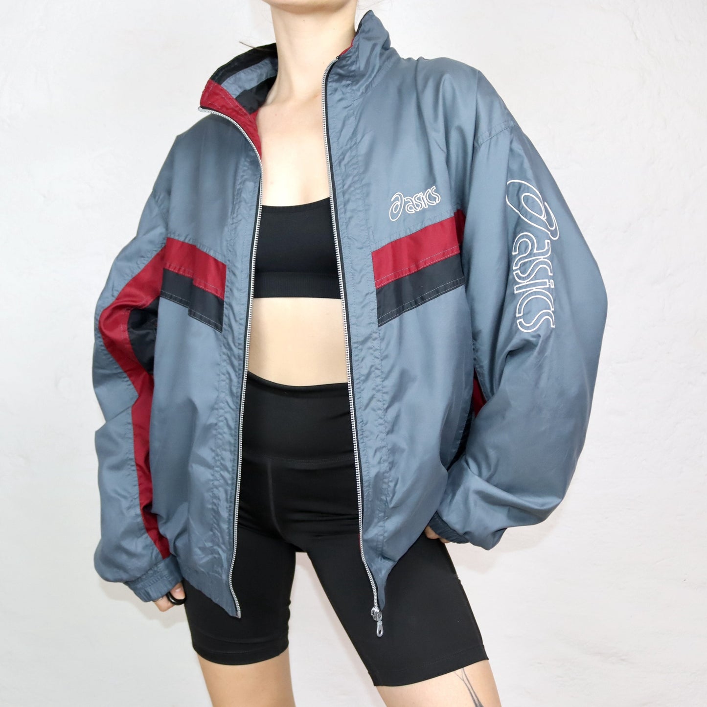 Vintage 80s 90s ASICS tracksuit jacket stand-up collar grey red 56 XL