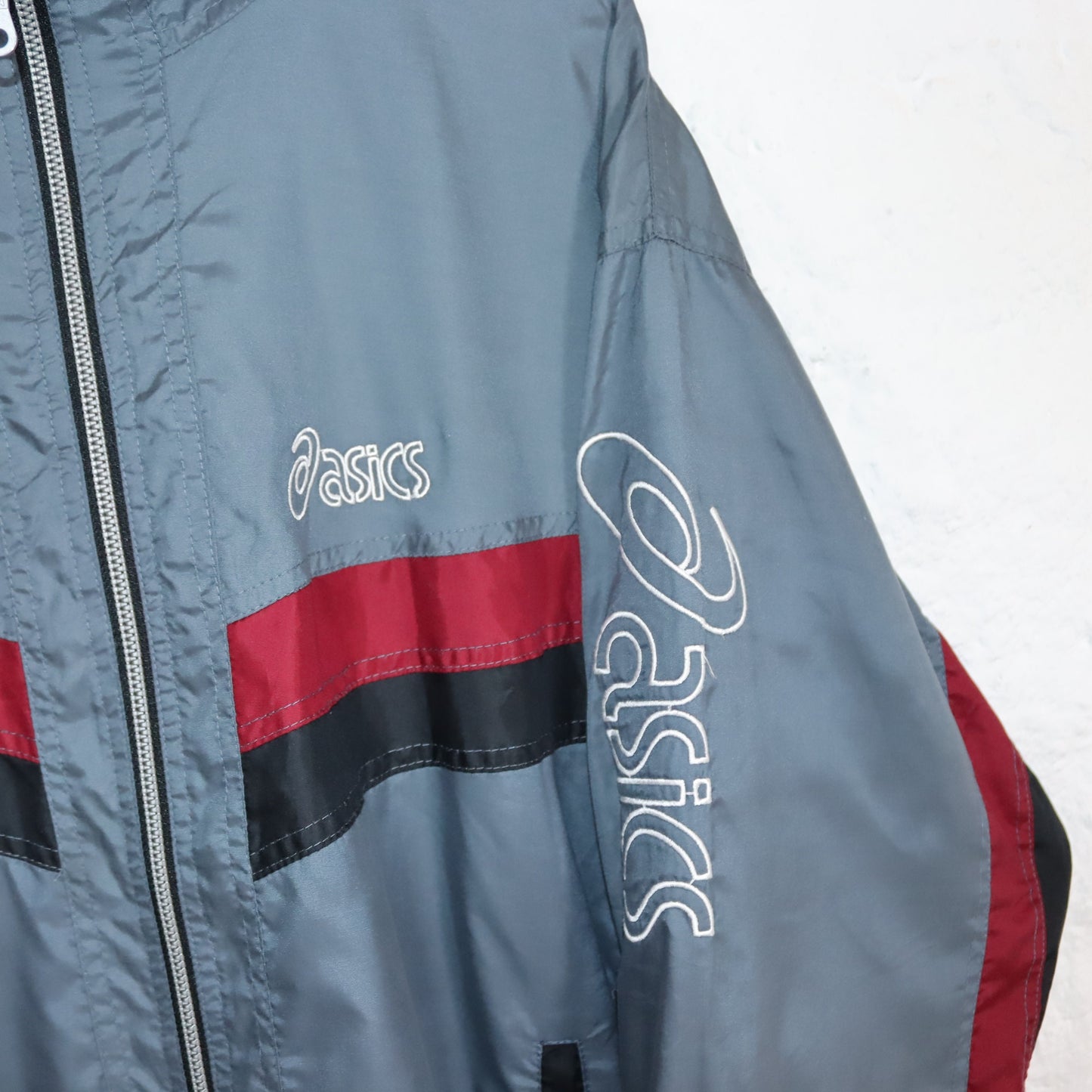 Vintage 80s 90s ASICS tracksuit jacket stand-up collar grey red 56 XL