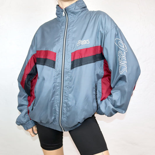Vintage 80s 90s ASICS tracksuit jacket stand-up collar grey red 56 XL