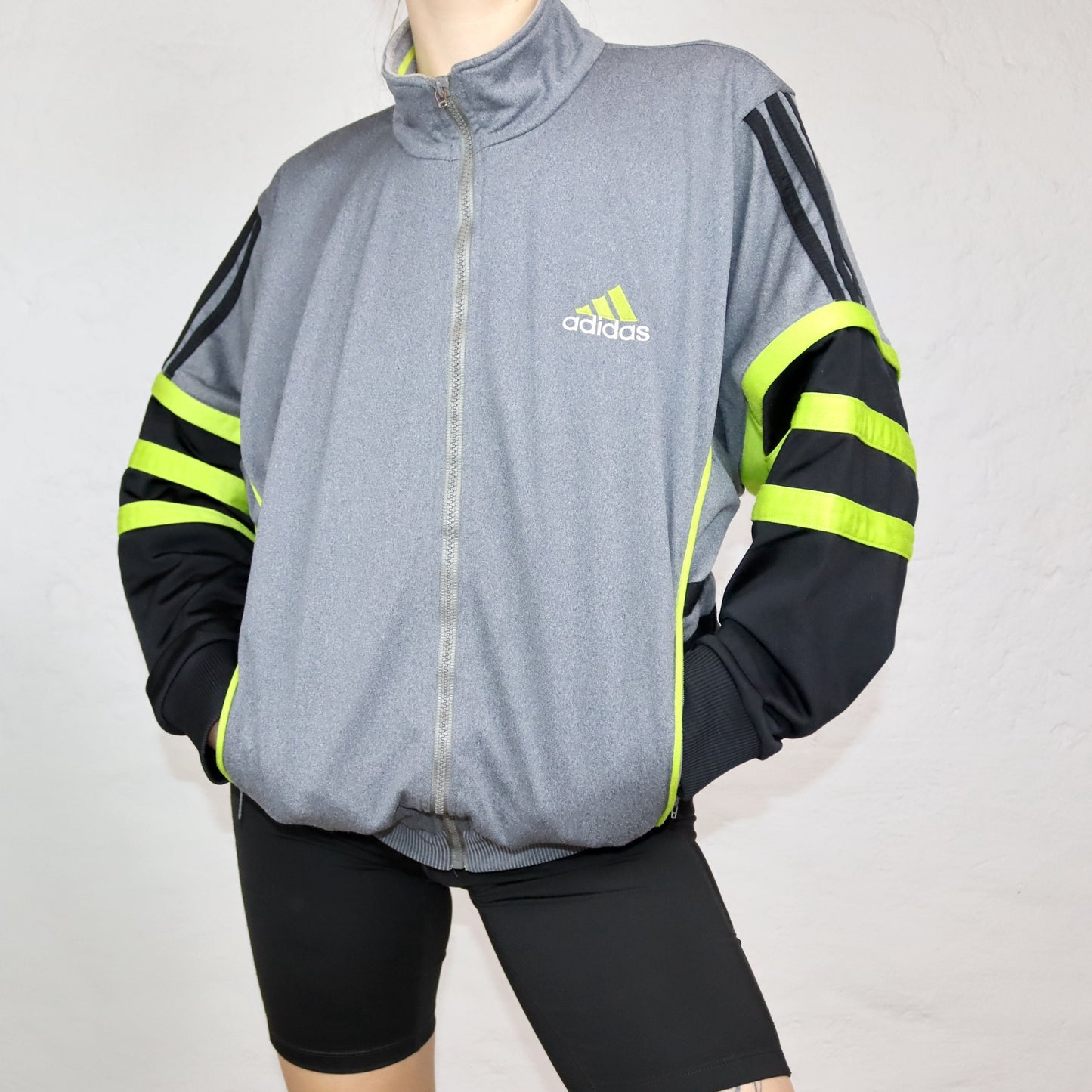 Vintage 80s 90s ADIDAS tracksuit jacket stand-up collar vest grey green D4 S