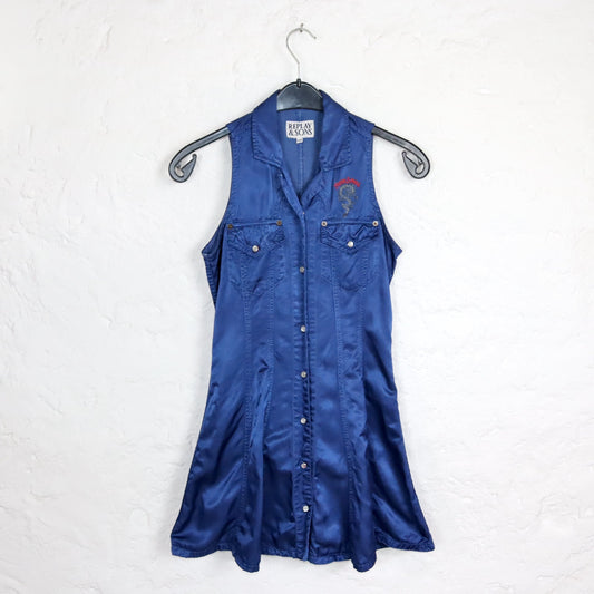 Vintage 80s 90s REPLAY &amp; SONS dress mini dress with collar embroidery button placket blue S/M