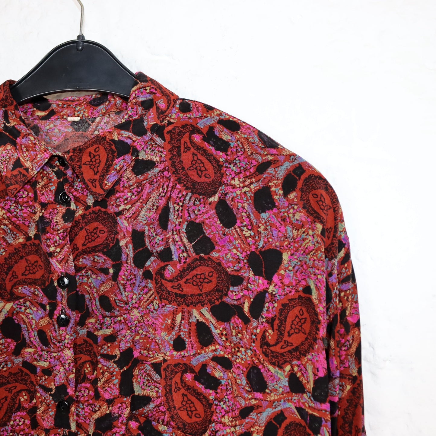 Vintage 80s 90s blouse long sleeve crazy pattern paisley pattern viscose pink 44