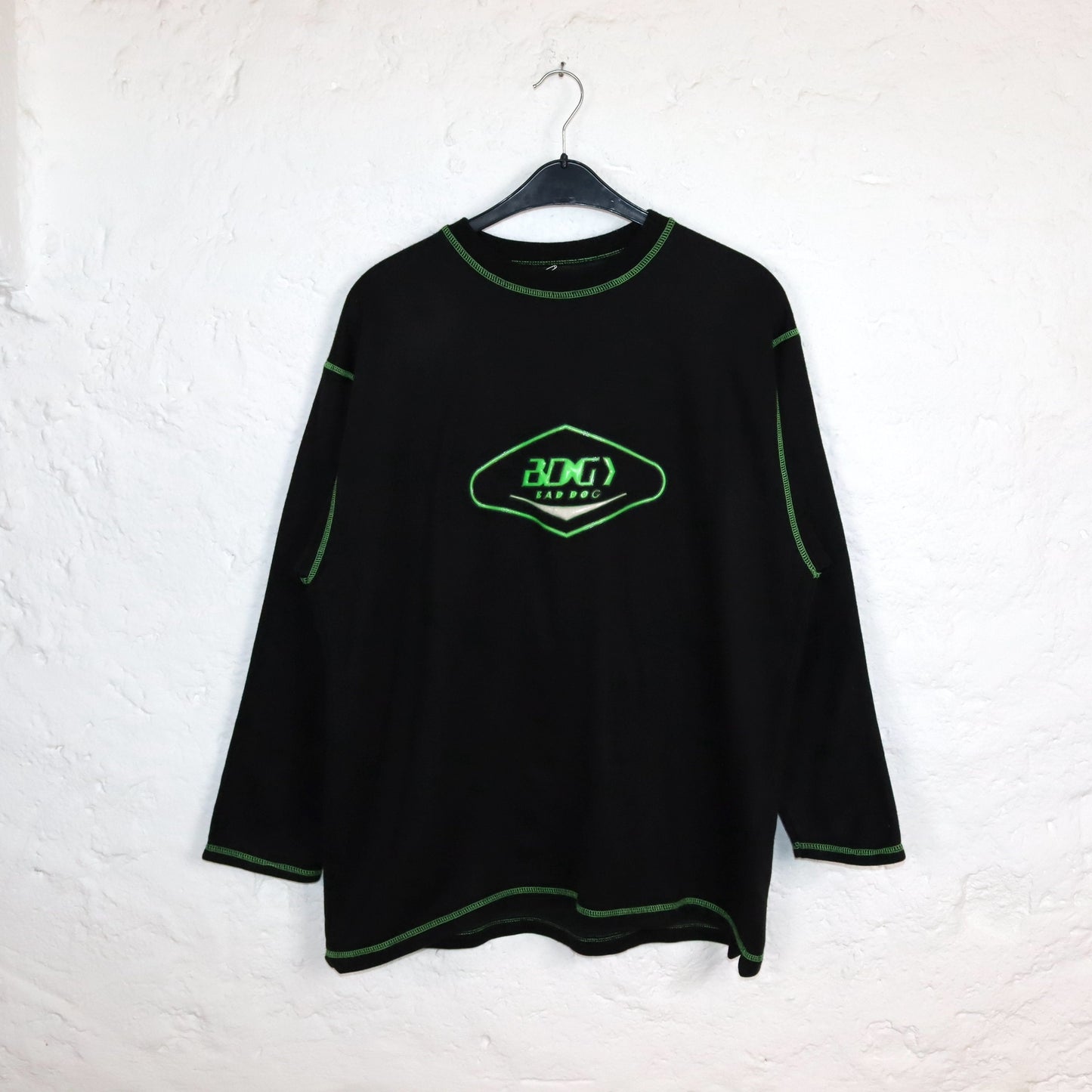 Vintage 80er 90er BAD DOG Sweatshirt Pullover schwarz neongrün XL