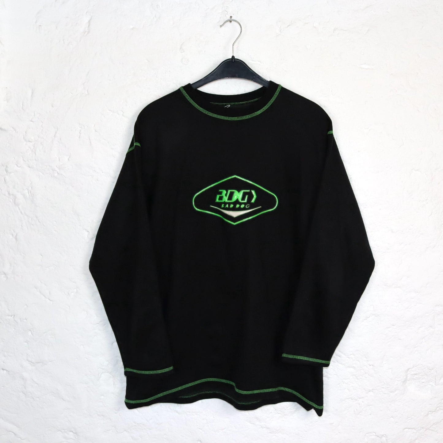 Vintage 80er 90er BAD DOG Sweatshirt Pullover schwarz neongrün XL