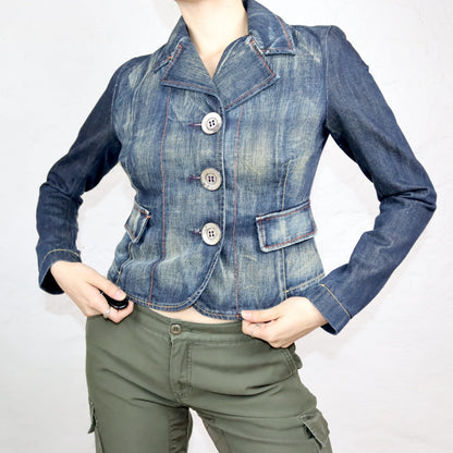 Vintage 90s 00s Y2k WAXY denim blazer jacket denim blue deadstock S