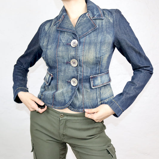 Vintage 90s 00s Y2k WAXY denim blazer jacket denim blue deadstock S