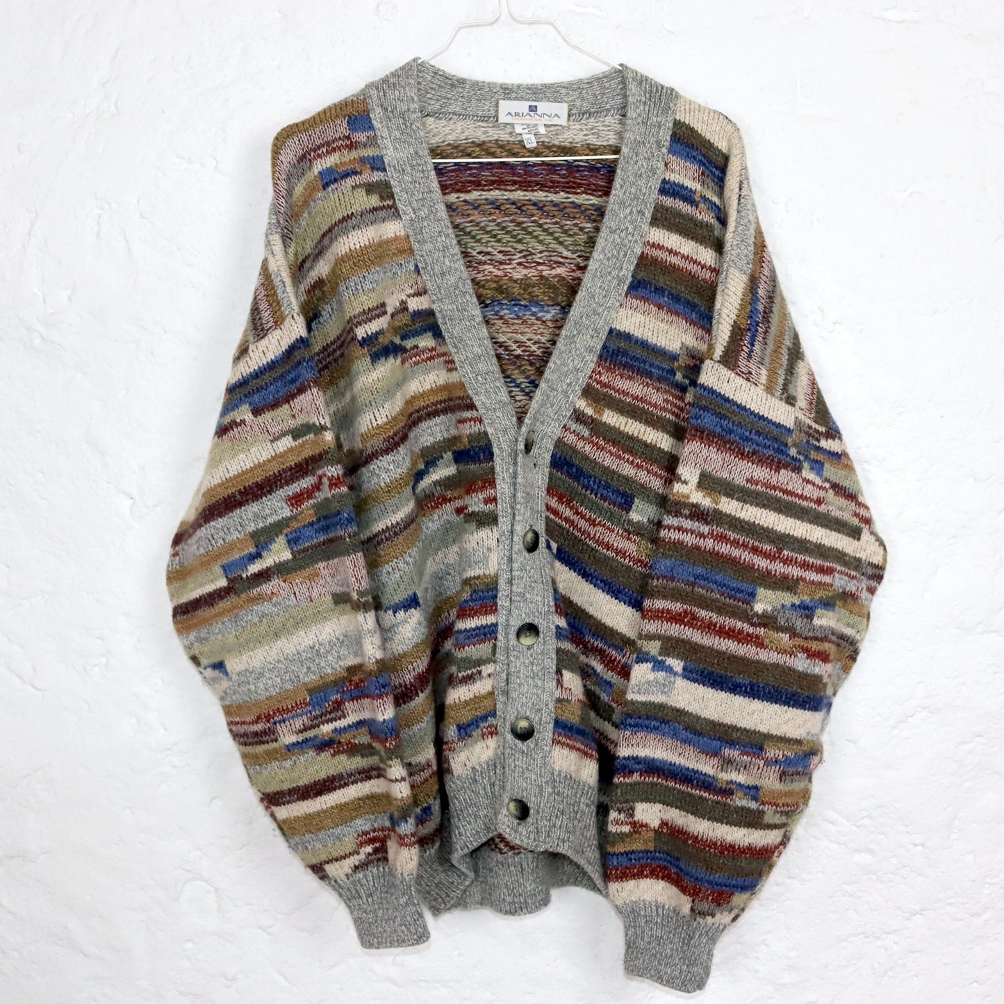 Vintage 80er 90er ARIANNA Cardigan Wolle gemustert Strick beige bunt XL